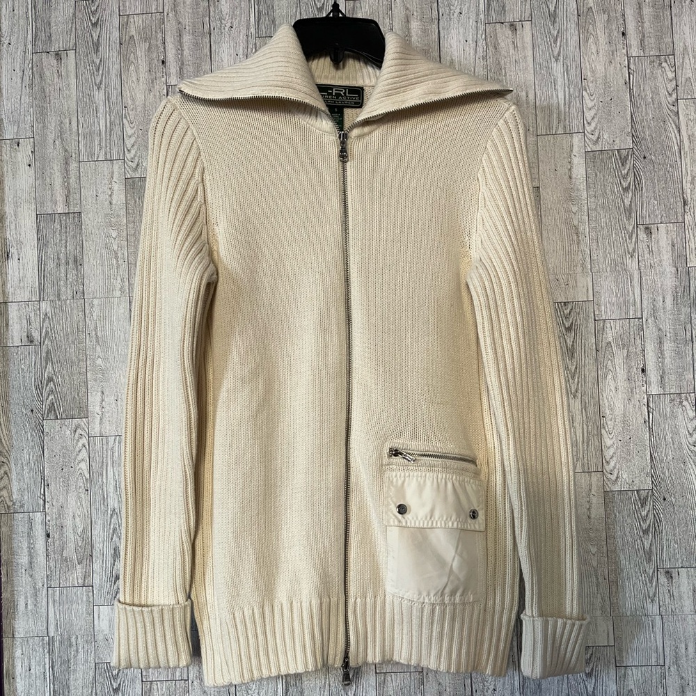 LRL Lauren Active Ralph Lauren Women Beige Cable Knit Sweater Full Zip Small